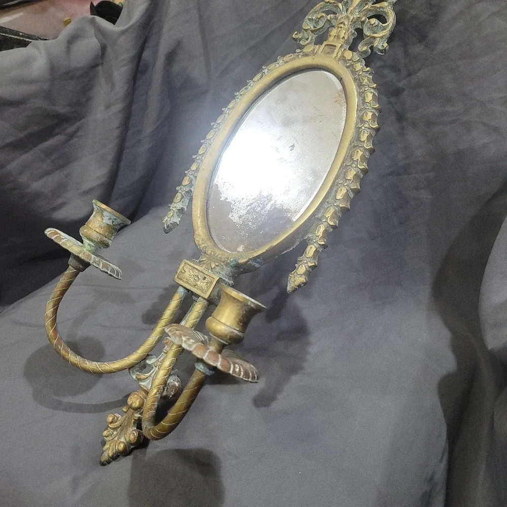 Antique Wall Hanging Heavy Brass Candle Opera Mirror